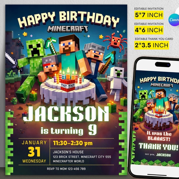 Editable Minecraft Birthday Invitation, Minecrafter birthday invitation, Gamer invitation, Minecraft Birthday party invitation