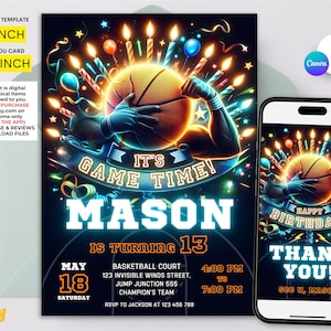 Modèle modifiable d'invitation d'anniversaire de basket-ball à imprimer Invitation d'anniversaire à imprimer pour adolescents, basket-ball en ligne, invitation à une soirée à thème basket-ball