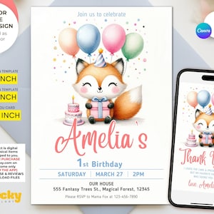 May include: Printable invitation template featuring a cute cartoon fox holding a gift box and a birthday cake. The invitation is for a 1st birthday party and includes the text "Amelia's 1st Birthday" and the date and time of the party. The invitation also includes a thank you card with the text "Thank You!" and the name "Amelia".