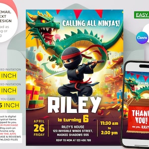 May include: A printable invitation for a ninja-themed birthday party. The invitation features a cartoon ninja fighting a green dragon. The text on the invitation reads "Calling all ninjas!" and includes the birthday boy's name, age, date, time, and location. The invitation is available in three sizes: 12.7x17.8 cm, 10.2x15.2 cm, and 5.1x8.9 cm.
