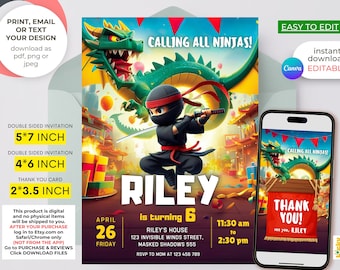 Ninja Dragon Birthday Invitation Template (Digital Download)