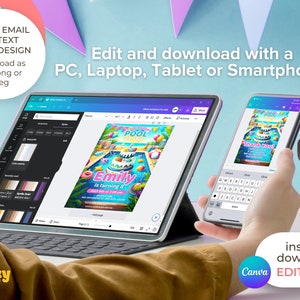 May include: A digital illustration of a pool party invitation with a cartoon pool, a cake, and a beach ball. The invitation is customizable and can be edited and downloaded on a computer, tablet, or smartphone. The text on the invitation says "Emily is turning 8".