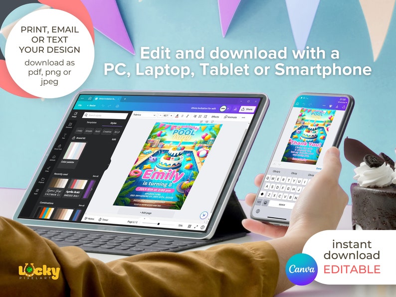 May include: A digital illustration of a pool party invitation with a cartoon pool, a cake, and a beach ball. The invitation is customizable and can be edited and downloaded on a computer, tablet, or smartphone. The text on the invitation says "Emily is turning 8".
