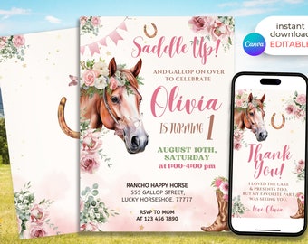 May include: A pink and white birthday invitation with a watercolor illustration of a brown horse wearing a floral crown. The text reads "Saddle Up! And gallop on over to celebrate Olivia is turning 1. August 10th, Saturday at 1:00-4:00 pm. Rancho Happy Horse 555 Gallop Street, Lucky Horseshoe, 77777. RSVP to Mom at 123 456 7890".
