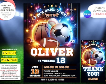 May include: A digital invitation template for a sports-themed birthday party. The invitation features a colorful design with a basketball, football, baseball, and soccer ball. The text on the invitation reads "It's Game Time! You In?" and "Oliver is turning 12". The invitation also includes the date, time, and location of the party.