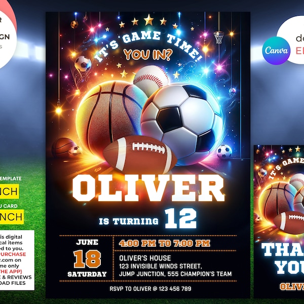 Editable Sports Invitation Template Sports flyer Neon Glow Sports Invites Sports Theme Invite All Star Sports Invitation Instant Download