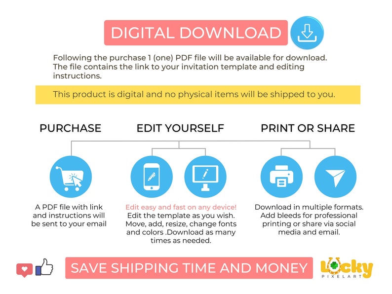 May include: A digital download graphic with a blue, yellow, and pink color scheme. The graphic shows three steps: purchase, edit yourself, and print or share. Each step has an icon and a description. The graphic also includes the text "DIGITAL DOWNLOAD", "SAVE SHIPPING TIME AND MONEY", and "Locky Pixelart".