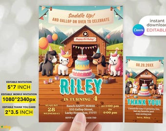 May include: Editable invitation for a birthday party with a horse theme. The invitation features a cartoon barn with a birthday cake and horses. The text on the invitation says "Saddle Up! And Gallop On Over To Celebrate" and "Riley is turning 4".