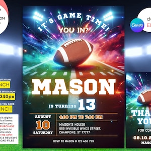 Bearbeitbare Fußballeinladungsvorlage Sportflieger Neon Glow Sport einladen Sportthema einladen American Football Geburtstagseinladungsmobile
