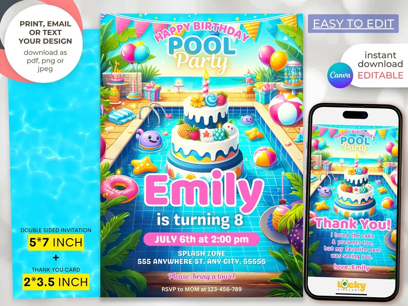 May include: A colorful pool party invitation with a cartoon pool, cake, and inflatables. The text reads "Happy Birthday Pool Party" and "Emily is turning 8".
