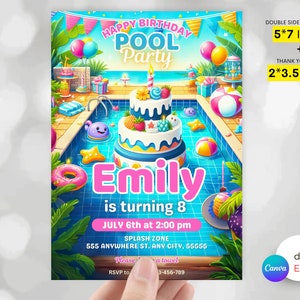May include: A colorful pool party invitation with a cartoon illustration of a pool, a cake, and a donut. The text reads "Happy Birthday Pool Party Emily is turning 8 July 6th at 2:00 pm Splash Zone 555 Anywhere St. Any City, 55555 Please bring a towel RSVP to 3-456-789". The invitation is 5 inches by 7 inches and comes with a 2 inch by 3.5 inch thank you card.