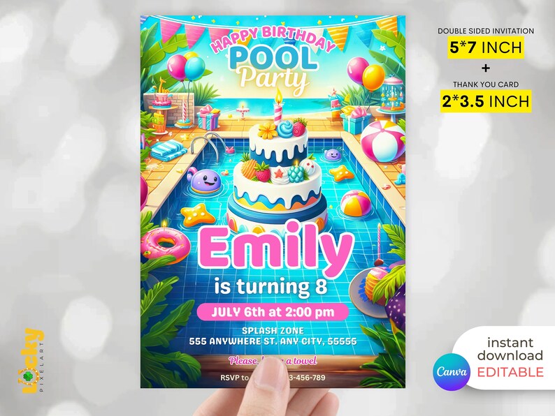 May include: A colorful pool party invitation with a cartoon illustration of a pool, a cake, and a donut. The text reads "Happy Birthday Pool Party Emily is turning 8 July 6th at 2:00 pm Splash Zone 555 Anywhere St. Any City, 55555 Please bring a towel RSVP to 3-456-789". The invitation is 5 inches by 7 inches and comes with a 2 inch by 3.5 inch thank you card.