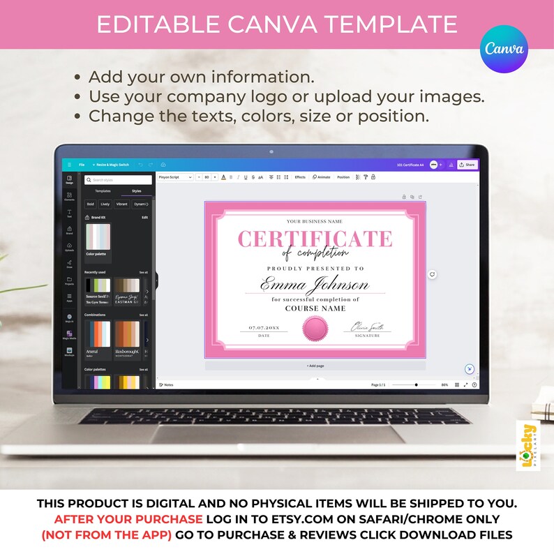 Editable Pink Certificate of Completion Template (canva) - Etsy