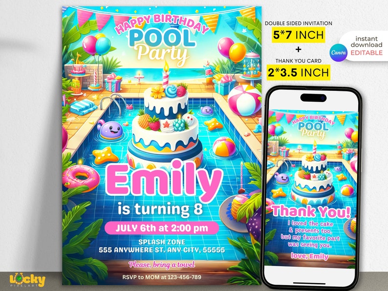 May include: A double-sided invitation for a pool party with a cartoon illustration of a pool, cake, and pool floats. The invitation is for Emily's 8th birthday party on July 6th at 2:00 pm. The back of the invitation is a thank you card with a similar cartoon illustration and the text "Thank You! I loved the cake & presents too, but my favorite part was seeing you. love, Emily".