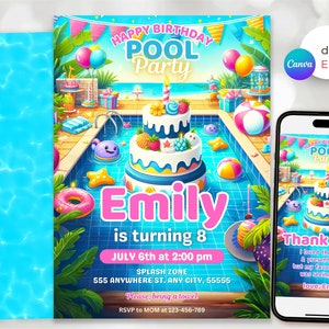 May include: A colorful pool party invitation with a cartoon pool, cake, and the text "Happy Birthday Pool Party Emily is turning 8 July 6th at 2:00 pm Splash Zone 555 Anywhere St. Any City, 55555 Please, bring a towel RSVP to Mom at 123-456-789"