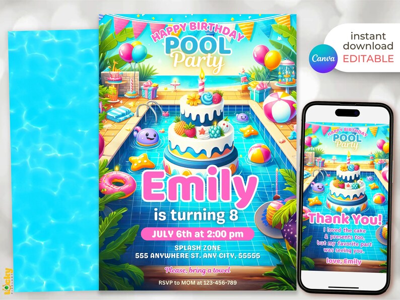 May include: A colorful pool party invitation with a cartoon pool, cake, and the text "Happy Birthday Pool Party Emily is turning 8 July 6th at 2:00 pm Splash Zone 555 Anywhere St. Any City, 55555 Please, bring a towel RSVP to Mom at 123-456-789"