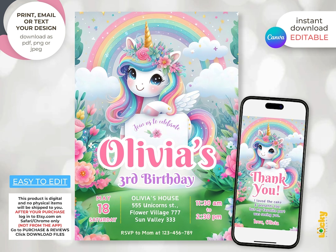 Editable Unicorn Birthday Invitation: Rainbow Party (digital) - Etsy