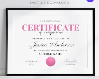 Bearbeitbare Vorlage für Abschlusszertifikate: Pink Award Design (Canva)