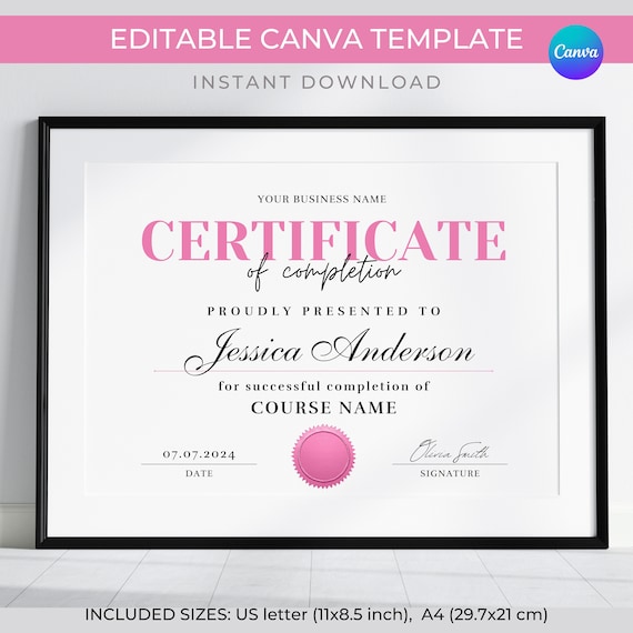 Editable Certificate of Completion Template: Pink Award Design (Canva)