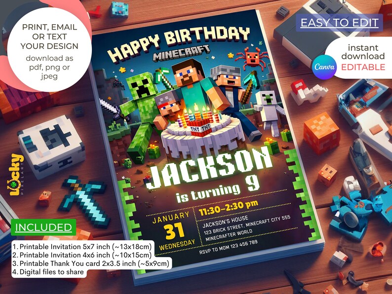 Editable Minecraft Birthday Invitation Minecrafter birthday invitation Gamer invitation Minecraft Birthday party invitation image 2