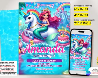 May include: A digital invitation for a mermaid-themed birthday party. The invitation features a mermaid riding a unicorn with a rainbow tail. The text on the invitation reads "Amanda is turning 5" and includes the date, time, and location of the party. The invitation also includes a thank you card template with a mermaid riding a unicorn.