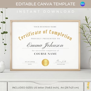 Editable Certificate of Completion Template: Minimalist Award (Canva)