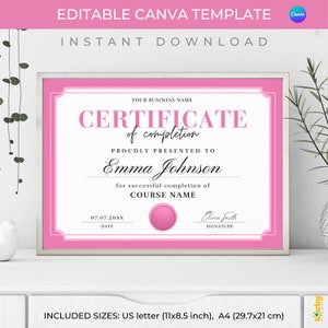 Editable Pink Certificate of Completion Template (Canva)