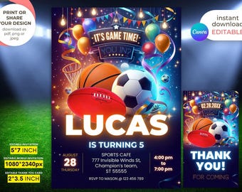 May include: A digital invitation for a sports-themed birthday party. The design features a basketball, soccer ball, and football, with the name "LUCAS" in large letters. Includes the text "It's Game Time!" and "Is Turning 5".
