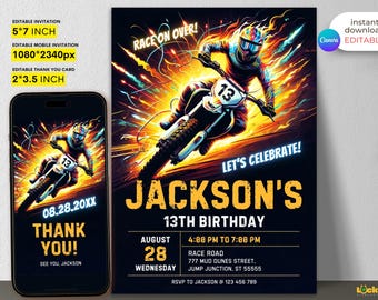 May include: A birthday invitation with a motocross rider on a dirt bike. The rider is wearing a helmet and goggles. The background is a fiery orange and yellow. The text on the invitation says "Race on Over!" and "Jackson's 13th Birthday".