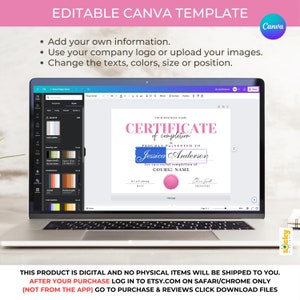 May include: Editable Canva template for a certificate of completion. The certificate has a pink and blue color scheme with a pink seal. The text on the certificate reads "YOUR BUSINESS NAME CERTIFICATE of completion PROUDLY PRESENTED TO Jessica Anderson for successful completion of COURSE NAME 07.07.2024 DATE SIGNATURE".