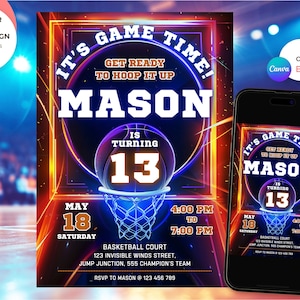 Modèle modifiable d'invitation d'anniversaire de basket-ball Faire-part d'anniversaire à imprimer pour une invitation de basket-ball en ligne pour ados à une soirée à thème de basket-ball