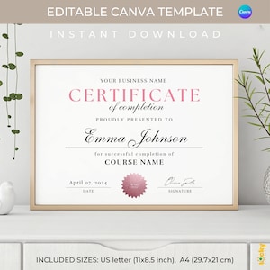 Editable Certificate of Completion Template: Minimalist Award (Canva)