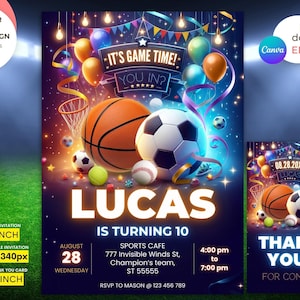 Bewerkbare sportuitnodigingssjabloon sportflyer Neon Glow sport nodigt sportthema uitnodigen All Star Sports-uitnodiging direct downloaden