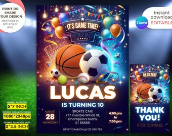 May include: Editable invitation template for a sports-themed birthday party. The invitation features a basketball, soccer ball, baseball, and a basketball hoop with a blue, purple, and black background. The text on the invitation reads "It's Game Time! You In?" and "Lucas is turning 10".