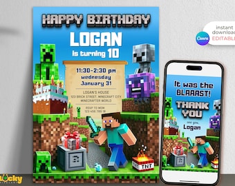 Editable Minecraft Birthday Invitation, Minecrafter Party, Kids invitation, Gamer invitation, Birthday invitation for Minecraft Gamer