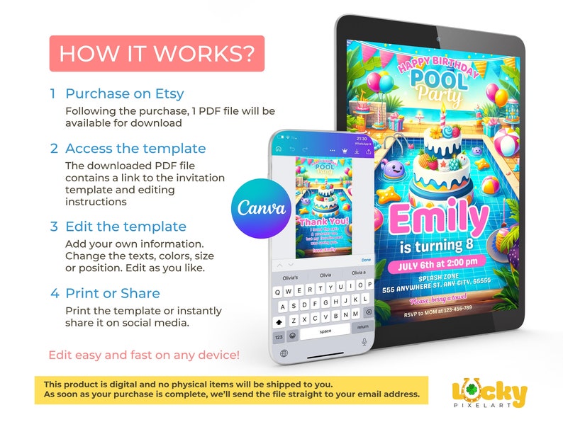 May include: Editable digital invitation template for a pool party. The template features a cartoon illustration of a pool with a cake, inflatables, and a birthday message. The text says "Happy Birthday Pool Party" and "Emily is turning 8".