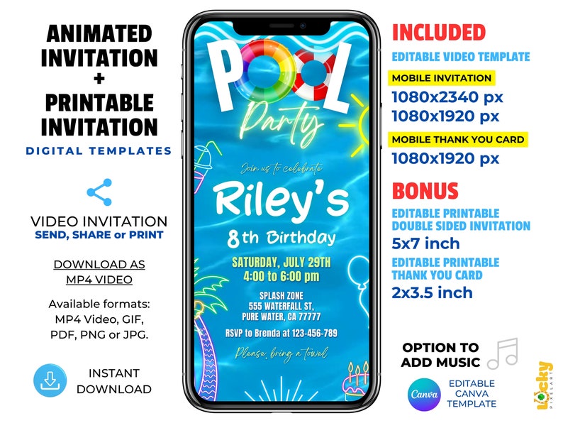 Editable Pool Party Invitation: Animated Digital Template - Etsy Australia