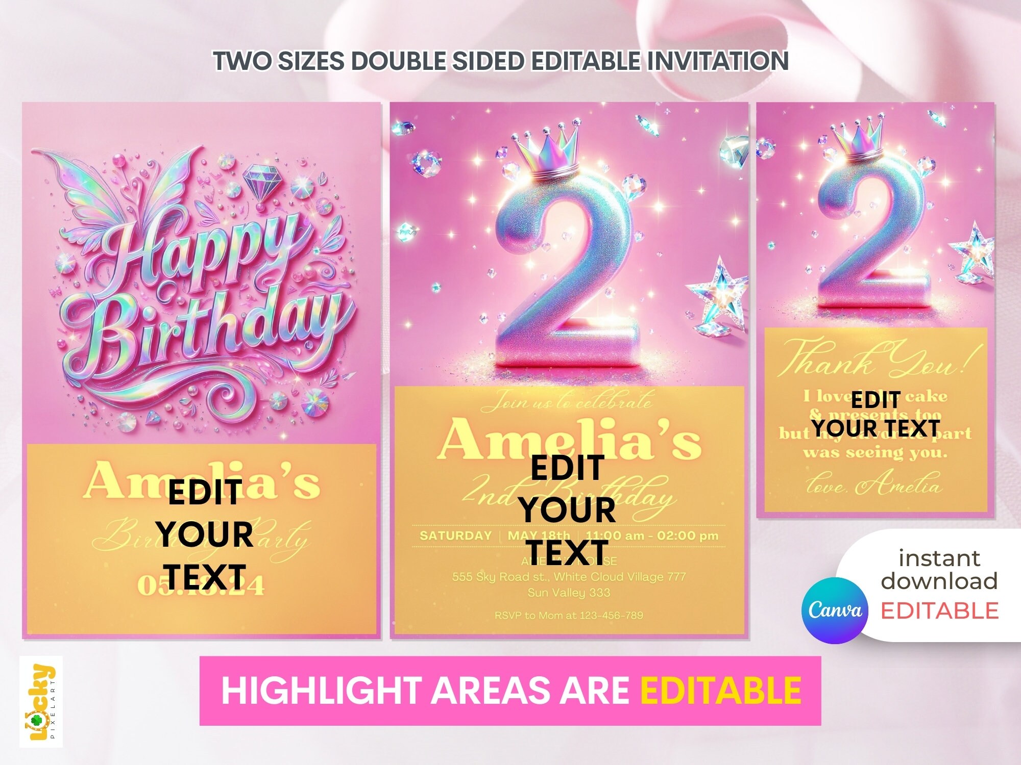 Editable Pink 2nd Birthday Invitation Template Diamond Crown Glitter ...
