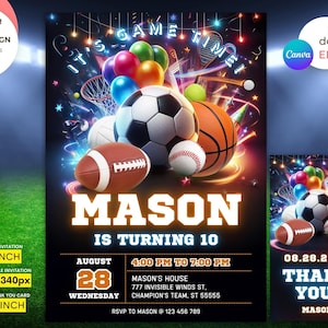 Bearbeitbare Sporteinladungsvorlage Sportflieger Neon Glow Sport lädt Sport Thema einladen All-Star-Sporteinladung Sofort-Download