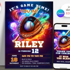 Modello di invito di compleanno per scheda di baseball modificabile Invito di compleanno stampabile Invito online di baseball per adolescenti Festa a tema baseball Tutti gli sport