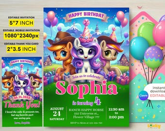 Editable Unicorn Cowgirl Birthday Invitation Template (Digital)
