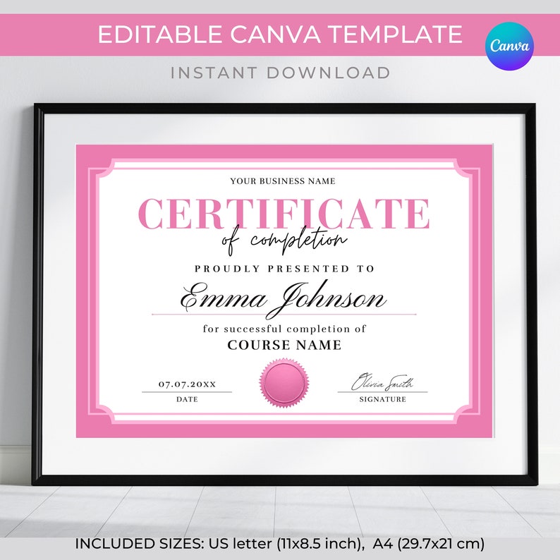 Editable Pink Certificate of Completion Template (canva) - Etsy