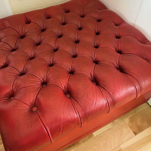 Leather Pouffe Square Deep buttoned Chesterfield Vintage Preloved Footstool