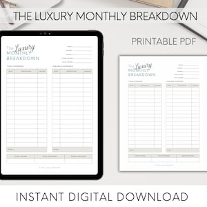 Puede incluir: Descarga PDF imprimible de un rastreador de presupuesto mensual con secciones para gastos fijos y variables, ingresos y saldo final. El rastreador se titula "The Luxury Monthly Breakdown".