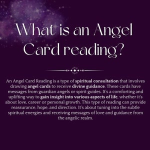 May include: A purple background with white text that reads "What is an Angel Card reading?" The text below explains that an Angel Card Reading is a spiritual consultation using angel cards for divine guidance.