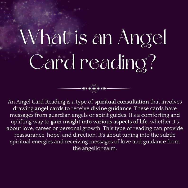 May include: A purple background with white text that reads "What is an Angel Card reading?" The text below explains that an Angel Card Reading is a spiritual consultation using angel cards for divine guidance.