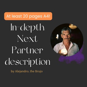 以下が含まれることがあります： 「少なくとも20ページA4！」というテキストが入った濃い灰色のグラフィック。 「In-depth Next Partner description by Alejandro, the Brujo」というテキストも含まれています。 円形の写真には、光るオーブを持っている男性が写っています。