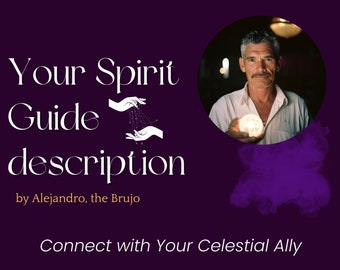 Può includere: Una grafica viola con il testo "Your Spirit Guide description" e "by Alejandro, the Brujo". Un uomo tiene in mano un globo luminoso in una foto circolare. Il testo "Connect with Your Celestial Ally" è in basso.