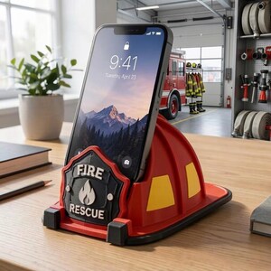 May include: A red and yellow smartphone stand shaped like a firefighter helmet. The front features a black shield emblem with the white text "FIRE RESCUE" and a flame icon. The stand is designed to hold a mobile device upright on a flat surface.