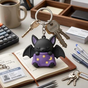Könnte beinhalten: Ein schwarzer Fledermaus-Schlüsselanhänger mit einer schlafenden Fledermausfigur, die in eine violette Decke mit gelben Sternen und einer Mondsichel eingewickelt ist. Der Anhänger ist an einem silbernen Metallring mit zwei Schlüsseln befestigt.